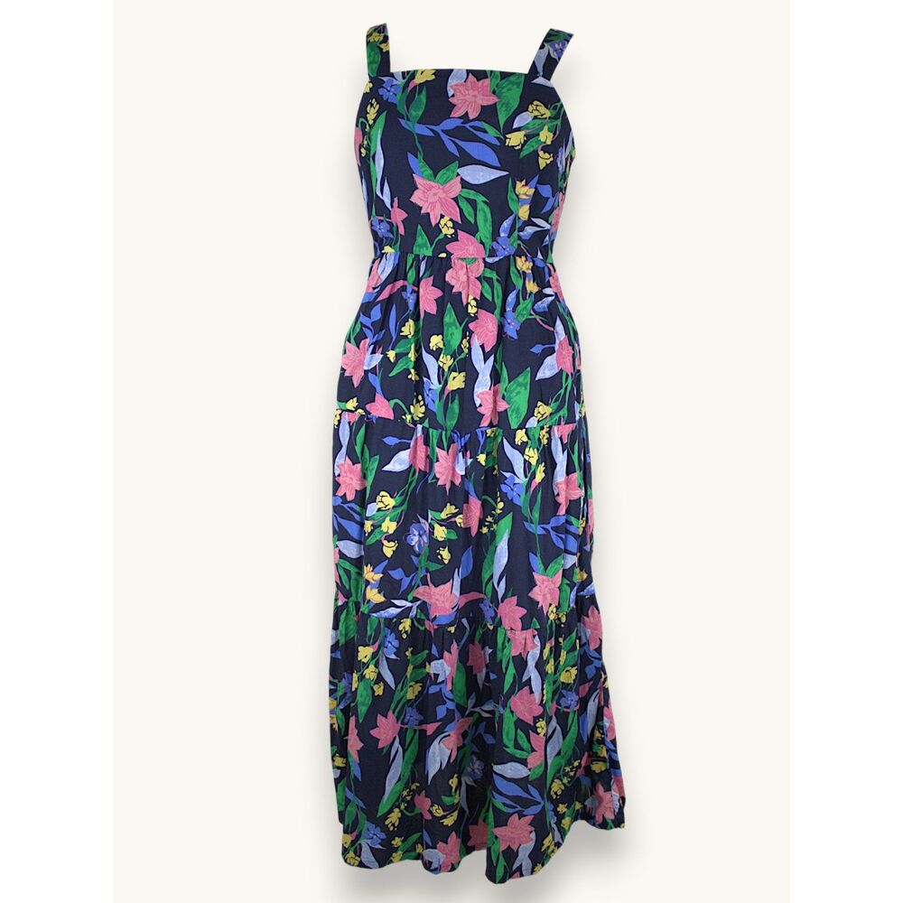 J.Crew Navy Floral Maxi Dress Tiered Skirt Sleeveless Summer Cottage Boho Sz 6